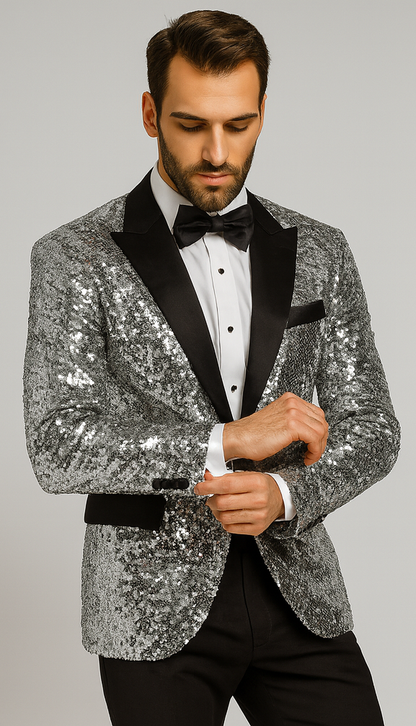 Men’s Silver Sequin Tuxedo Jacket with Black Satin Lapel – Event Blazer