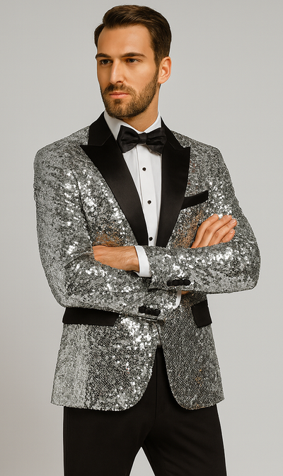 Men’s Silver Sequin Tuxedo Jacket with Black Satin Lapel – Event Blazer 7   - from alligatorwarehouse.com