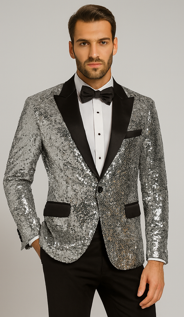 Men’s Silver Sequin Tuxedo Jacket with Black Satin Lapel – Event Blazer