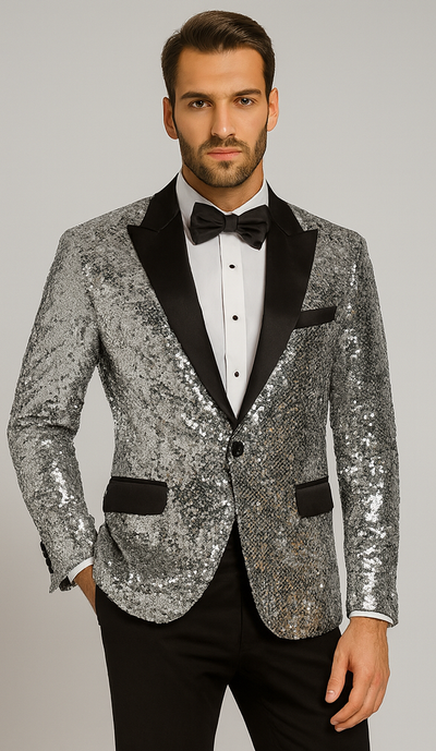 Men’s Silver Sequin Tuxedo Jacket with Black Satin Lapel – Event Blazer 1   - from alligatorwarehouse.com