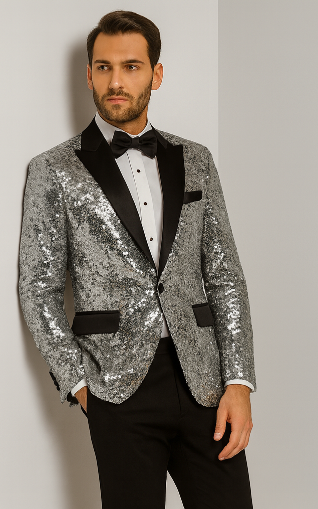 Men’s Silver Sequin Tuxedo Jacket with Black Satin Lapel – Event Blazer