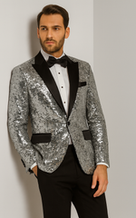 Men’s Silver Sequin Tuxedo Jacket with Black Satin Lapel – Event Blazer