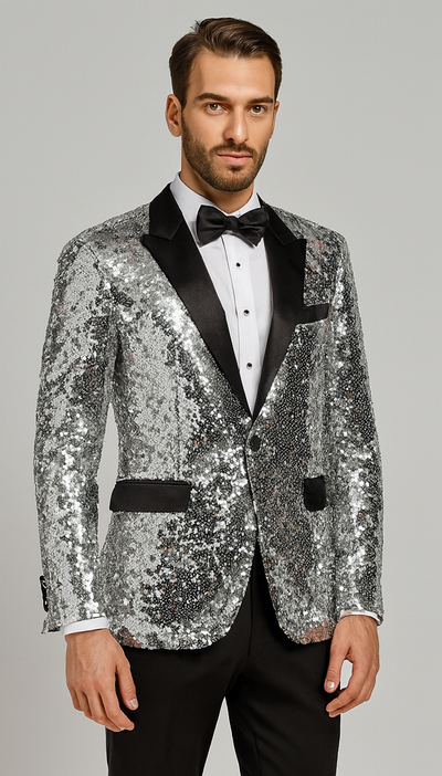 Men’s Silver Sequin Tuxedo Jacket with Black Satin Lapel – Event Blazer 2   - from alligatorwarehouse.com