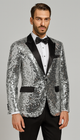 Men’s Silver Sequin Tuxedo Jacket with Black Satin Lapel – Event Blazer