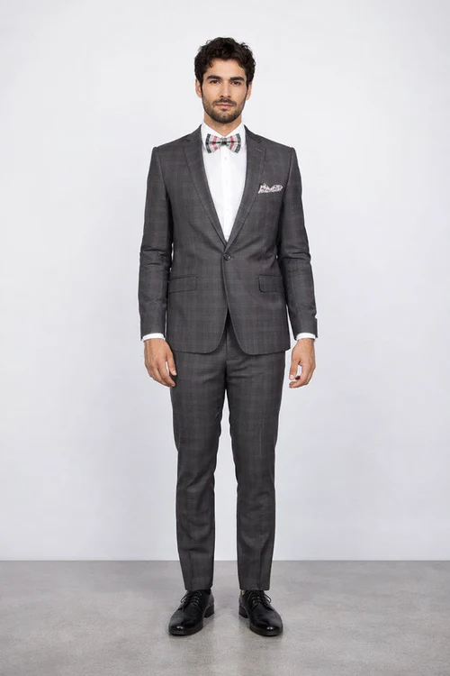 Men's Rossiman Rossi Man Brand Charcoal Plaid Tapered Leg Lower Rise Pant & Get Skinny 1 Button Slim Fit Peak Lapel Suit