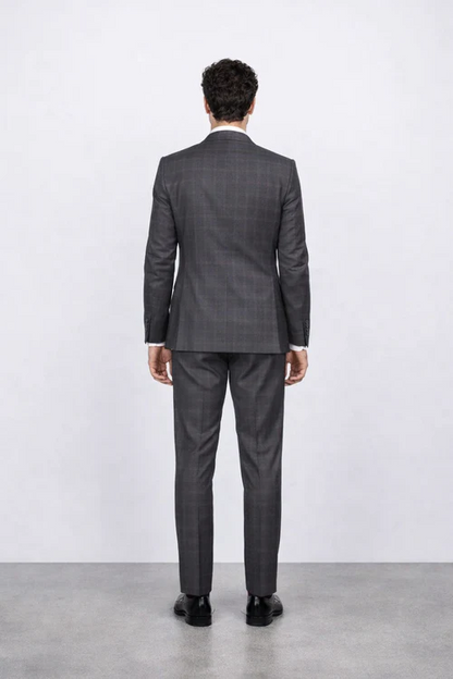 Men's Rossiman Rossi Man Brand Charcoal Plaid Tapered Leg Lower Rise Pant & Get Skinny 1 Button Slim Fit Peak Lapel Suit