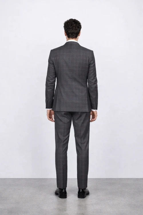 Men's Rossiman Rossi Man Brand Charcoal Plaid Tapered Leg Lower Rise Pant & Get Skinny 1 Button Slim Fit Peak Lapel Suit