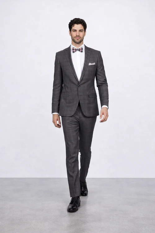 Men's Rossiman Rossi Man Brand Charcoal Plaid Tapered Leg Lower Rise Pant & Get Skinny 1 Button Slim Fit Peak Lapel Suit