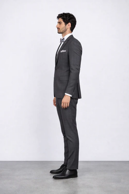 Men's Rossiman Rossi Man Brand Charcoal Plaid Tapered Leg Lower Rise Pant & Get Skinny 1 Button Slim Fit Peak Lapel Suit