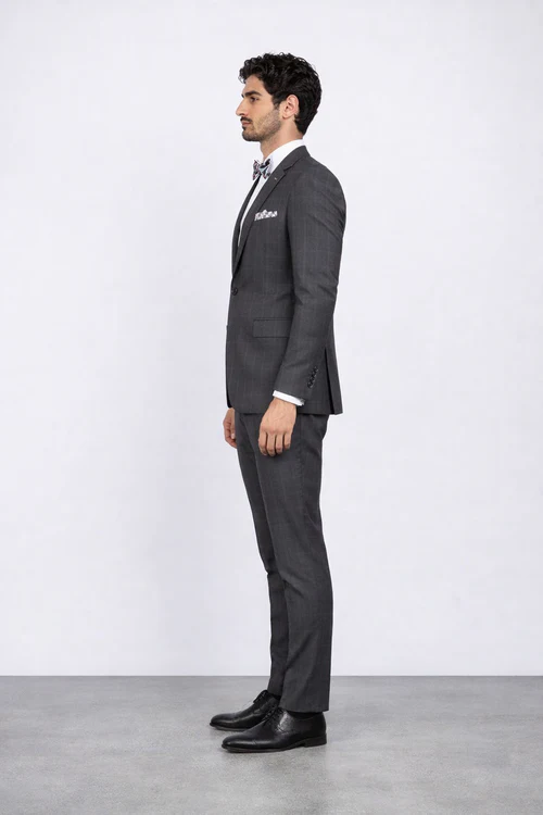 Men's Rossiman Rossi Man Brand Charcoal Plaid Tapered Leg Lower Rise Pant & Get Skinny 1 Button Slim Fit Peak Lapel Suit