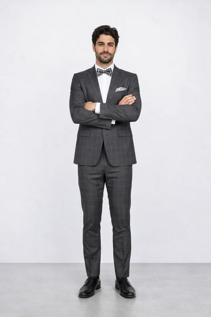 Men's Rossiman Rossi Man Brand Charcoal Plaid Tapered Leg Lower Rise Pant & Get Skinny 1 Button Slim Fit Peak Lapel Suit