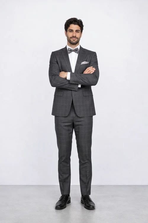 Men's Rossiman Rossi Man Brand Charcoal Plaid Tapered Leg Lower Rise Pant & Get Skinny 1 Button Slim Fit Peak Lapel Suit