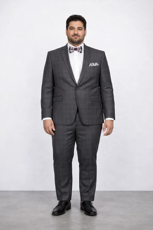 Men's Rossiman Rossi Man Brand Charcoal Plaid Tapered Leg Lower Rise Pant & Get Skinny 1 Button Slim Fit Peak Lapel Suit