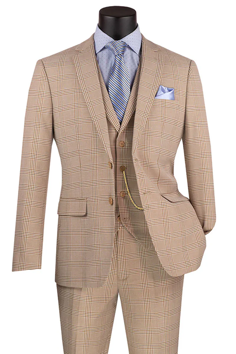 Marc Darcy Wedding Suits Men's Slim Fit Vested Glen Plaid Summer Business Suit in Beige