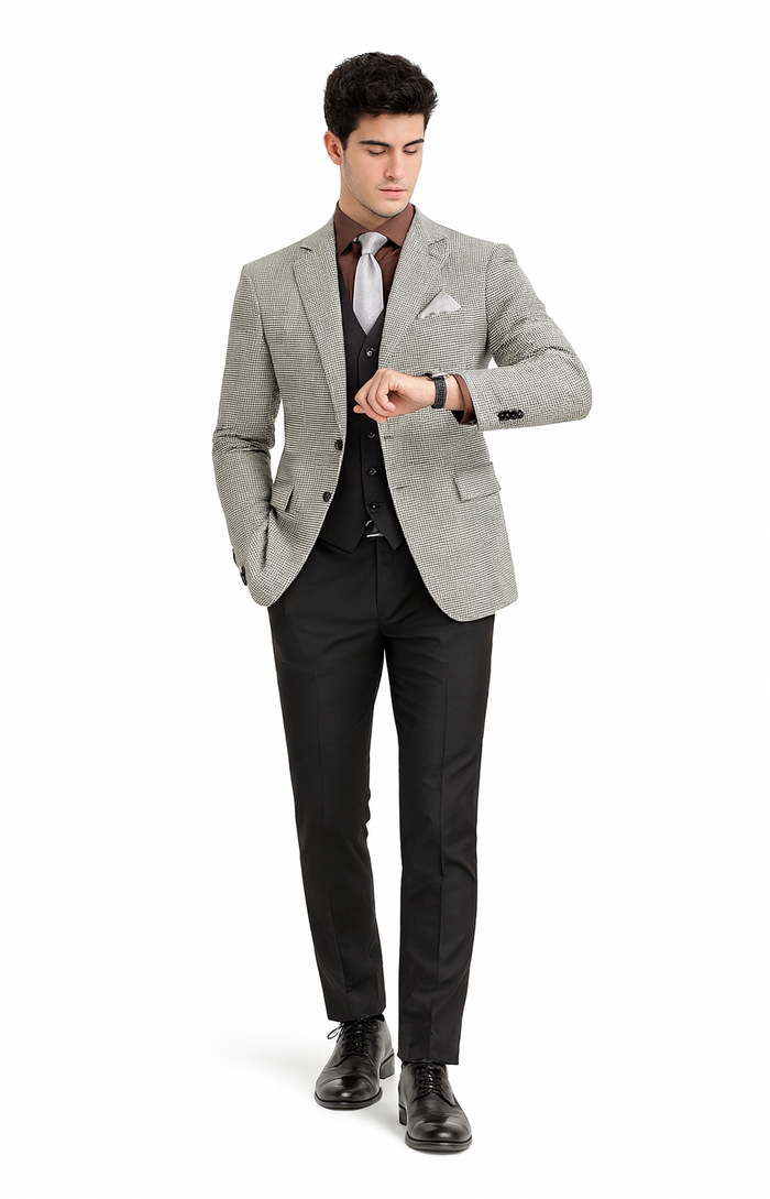 Mens Sport Coat Houndstooth Vinci Black and White Suit
