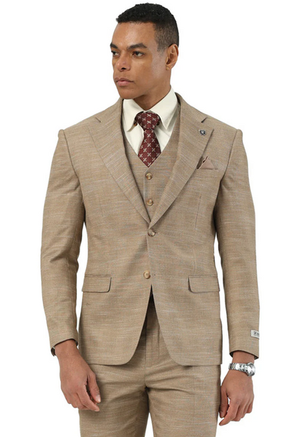 Marc Darcy Wedding Suits Men's Stacy Adams Vested Sharkskin Pattern Business Suit in Tan