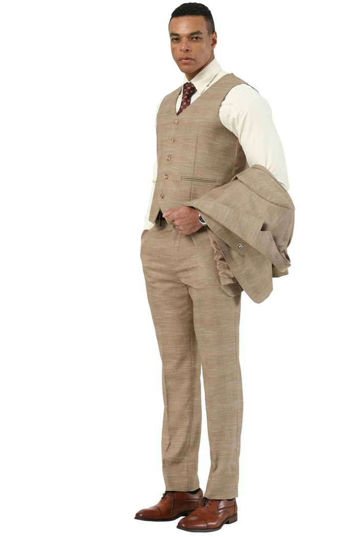 Marc Darcy Wedding Suits Men's Stacy Adams Vested Sharkskin Pattern Business Suit in Tan