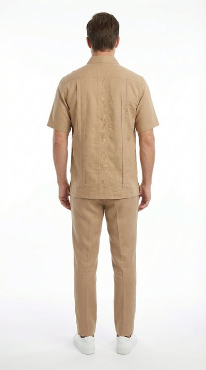 Mens Tan Embroidered Walking Suit Set – Short Sleeve Shirt and Pants Casual Summer Outfit for Vacation, Beach in khaki Beige Color