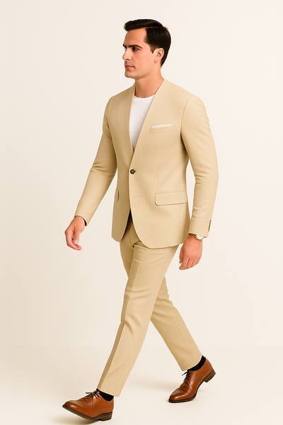 Tan Linen Suit For Summer - Collarless Blazer and Pants Collarless Lapel - No Lapel Casual! 4   - from alligatorwarehouse.com