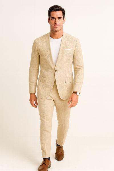 Tan Linen Suit For Summer - Collarless Blazer and Pants Collarless Lapel - No Lapel Casual! 3   - from alligatorwarehouse.com