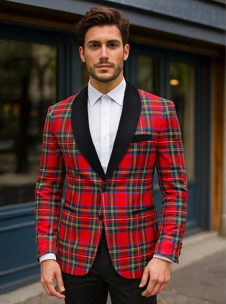 Mens Tartan Plaid Christmas Holiday Blazer in Red