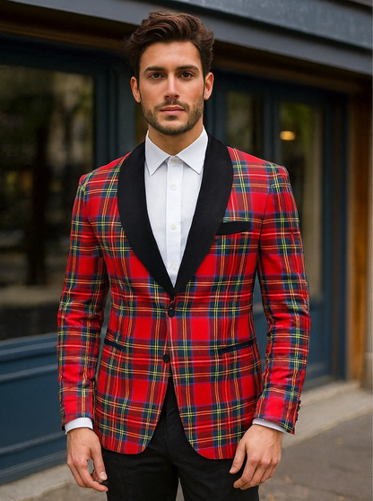 Mens Tartan Plaid Christmas Holiday Blazer in Red