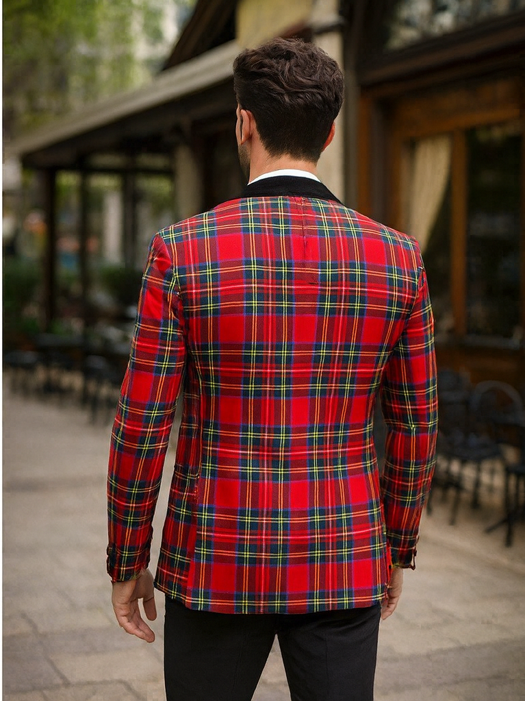Mens Tartan Plaid Christmas Holiday Blazer in Red