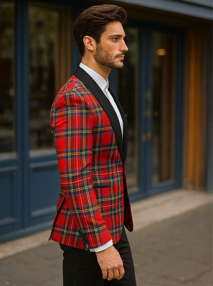 Mens Tartan Plaid Christmas Holiday Blazer in Red