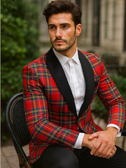 Mens Tartan Plaid Christmas Holiday Blazer in Red