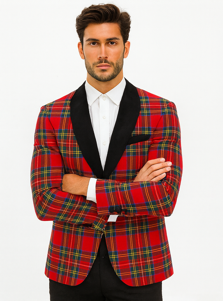Mens Tartan Plaid Christmas Holiday Blazer in Red