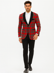 Mens Tartan Plaid Christmas Holiday Blazer in Red