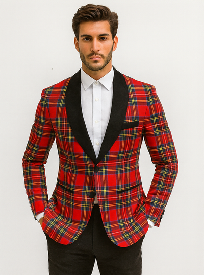 Mens Tartan Plaid Christmas Holiday Blazer in Red 7   - from alligatorwarehouse.com