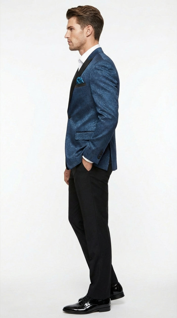 Mens Teal Blue Jacquard Paisley Blazer – Black Peak Lapel Formal Dinner Jacket Slim Fit