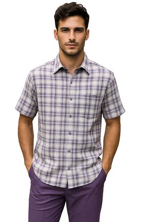 Mens Textured Plaid Walking Suit in Lavender/Off White by Dreams by Zacchi – 2 Piece Leisure Outfit with Matching Shirt and Pants - $99