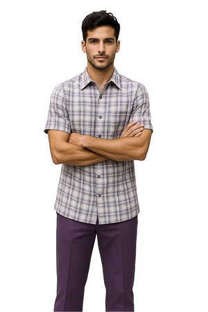 Mens Textured Plaid Walking Suit in Lavender/Off White by Dreams by Zacchi – 2 Piece Leisure Outfit with Matching Shirt and Pants - $99