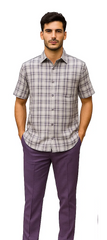 Mens Textured Plaid Walking Suit in Lavender/Off White by Dreams by Zacchi – 2 Piece Leisure Outfit with Matching Shirt and Pants - $99