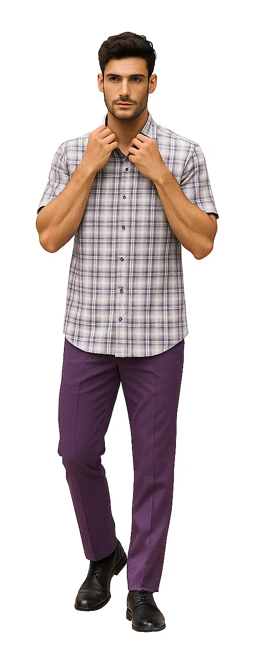 Mens Textured Plaid Walking Suit in Lavender/Off White by Dreams by Zacchi – 2 Piece Leisure Outfit with Matching Shirt and Pants - $99