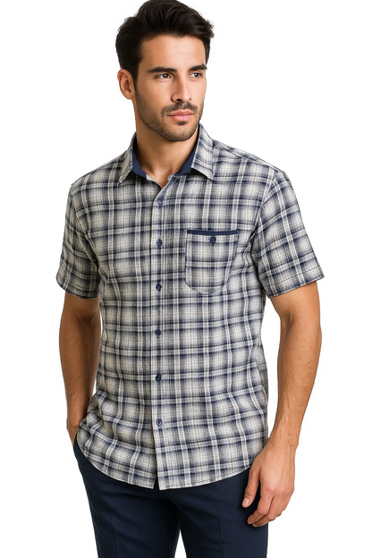 Mens Textured Plaid Walking Suit in Navy/white by Dreams by Zacchi – 2 Piece Leisure Outfit-matching-shirt-and-pants-$99