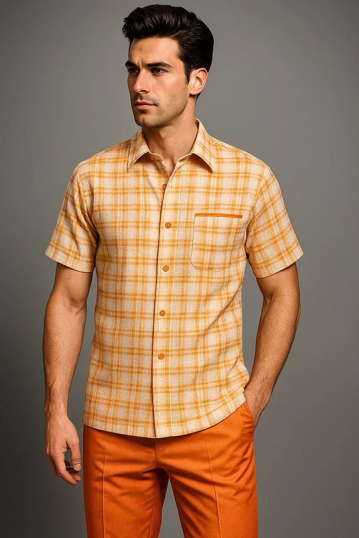 Mens Textured Plaid Walking Suit in Orange/Cream by Dreams by Zacchi – 2 Piece Leisure Outfit with Matching Shirt and Pants - $99