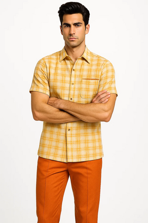 Mens Textured Plaid Walking Suit in Orange/Cream by Dreams by Zacchi – 2 Piece Leisure Outfit with Matching Shirt and Pants - $99