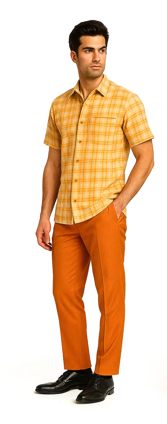 Mens Textured Plaid Walking Suit in Orange/Cream by Dreams by Zacchi – 2 Piece Leisure Outfit with Matching Shirt and Pants - $99