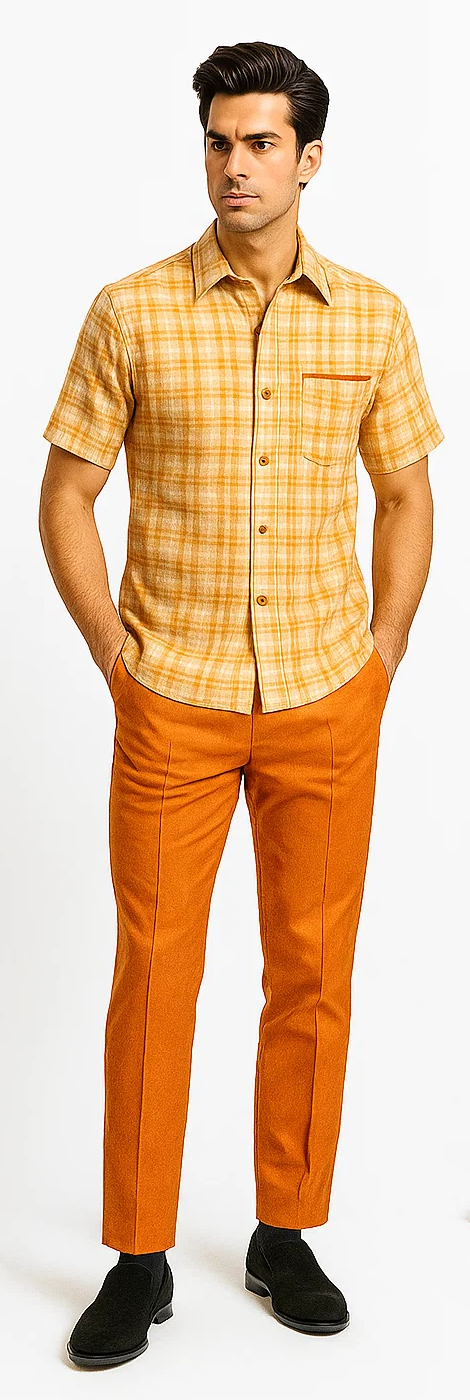 Mens Textured Plaid Walking Suit in Orange/Cream by Dreams by Zacchi – 2 Piece Leisure Outfit with Matching Shirt and Pants - $99