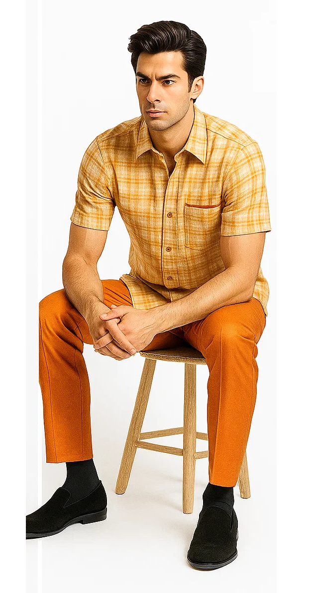 Mens Textured Plaid Walking Suit in Orange/Cream by Dreams by Zacchi – 2 Piece Leisure Outfit with Matching Shirt and Pants - $99