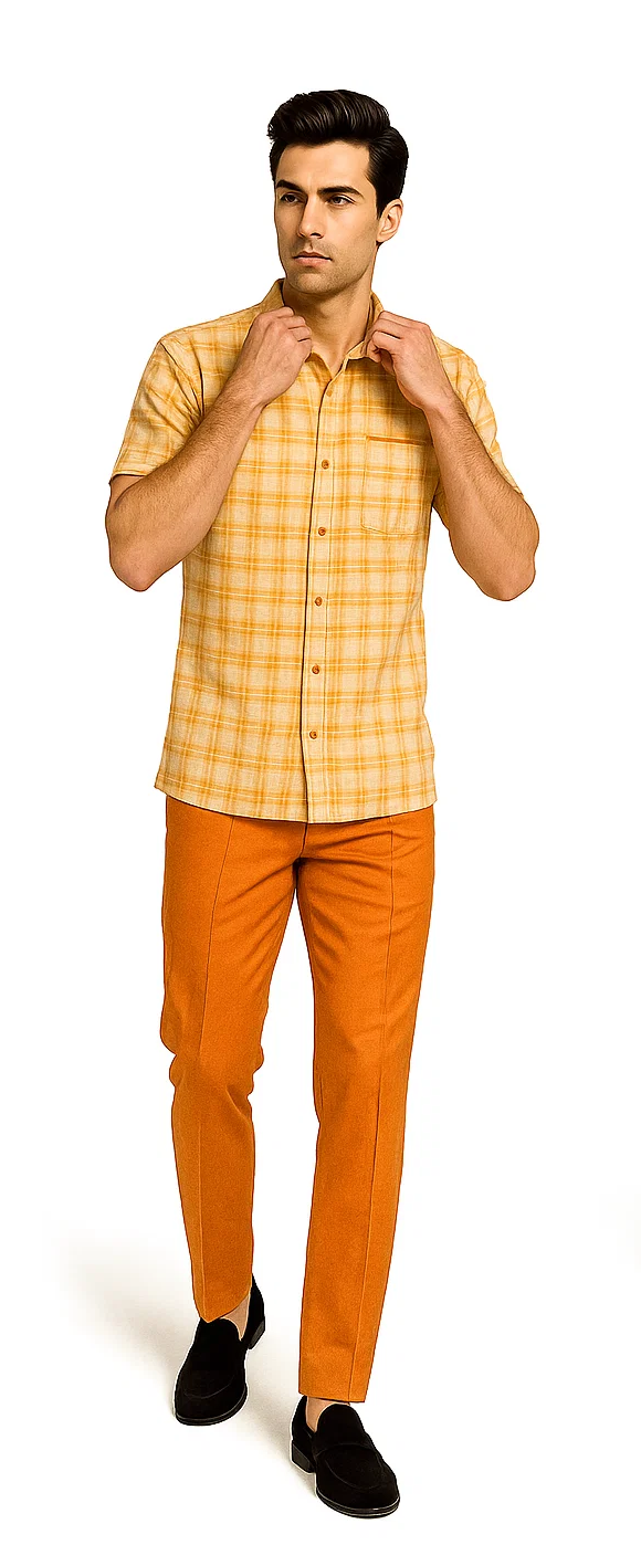Mens Textured Plaid Walking Suit in Orange/Cream by Dreams by Zacchi – 2 Piece Leisure Outfit with Matching Shirt and Pants - $99