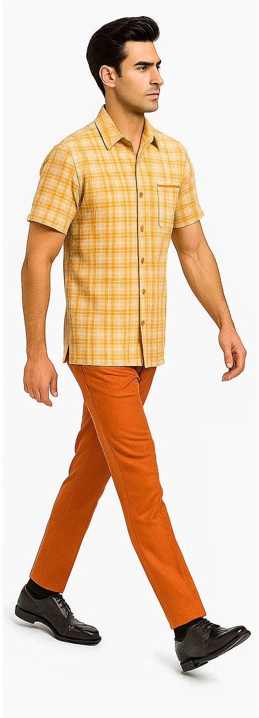 Mens Textured Plaid Walking Suit in Orange/Cream by Dreams by Zacchi – 2 Piece Leisure Outfit with Matching Shirt and Pants - $99
