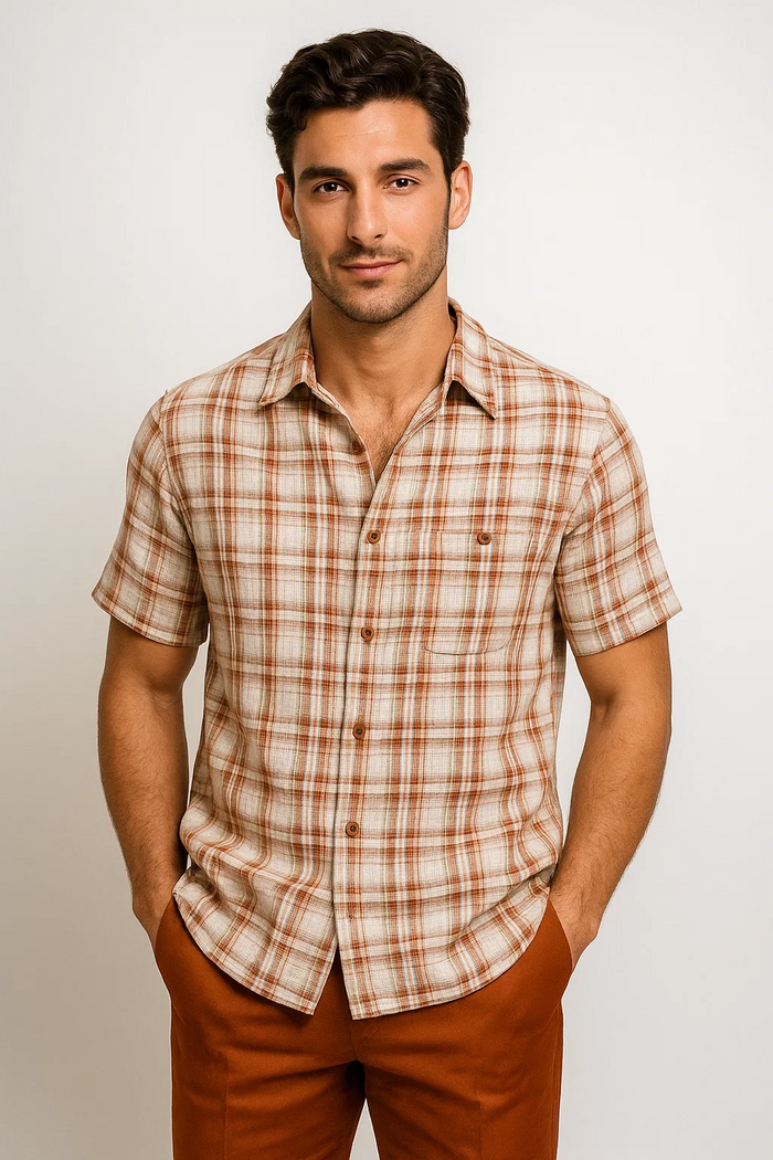 Mens Textured Plaid Walking Suit in Papaya/Cream by Dreams by Zacchi – 2 Piece Leisure Outfit with Matching Shirt and Pants - $99