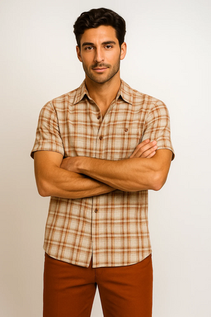 Mens Textured Plaid Walking Suit in Papaya/Cream by Dreams by Zacchi – 2 Piece Leisure Outfit with Matching Shirt and Pants - $99