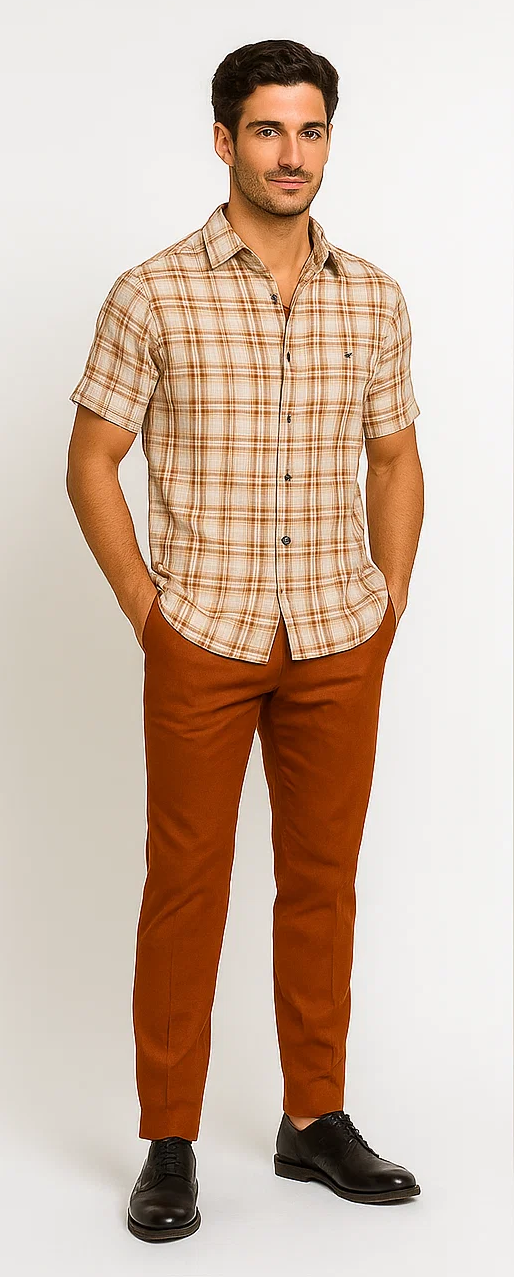 Mens Textured Plaid Walking Suit in Papaya/Cream by Dreams by Zacchi – 2 Piece Leisure Outfit with Matching Shirt and Pants - $99