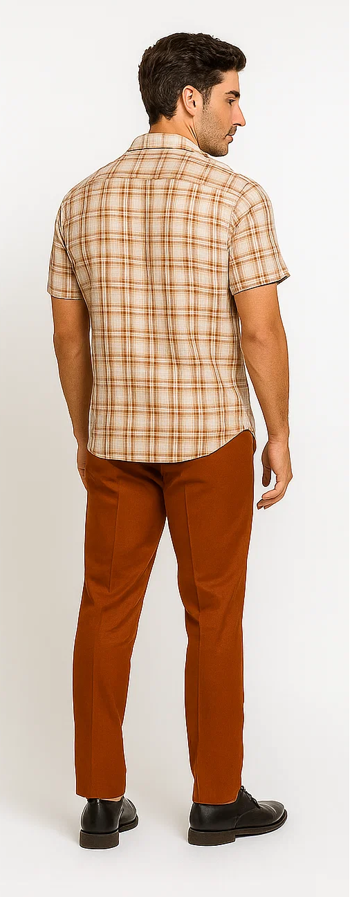Mens Textured Plaid Walking Suit in Papaya/Cream by Dreams by Zacchi – 2 Piece Leisure Outfit with Matching Shirt and Pants - $99