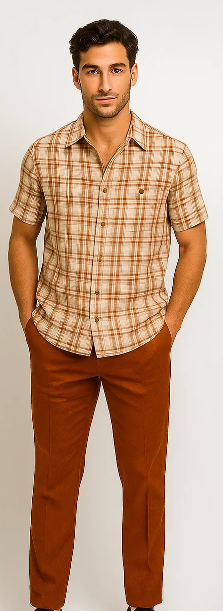 Mens Textured Plaid Walking Suit in Papaya/Cream by Dreams by Zacchi – 2 Piece Leisure Outfit with Matching Shirt and Pants - $99